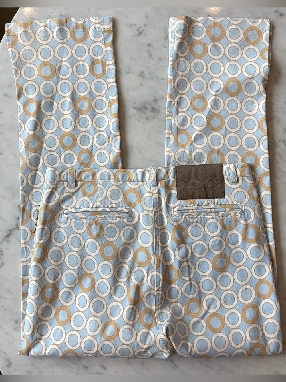 Valentino Jeans 5 pocket pants, lt blue, tan circles, cropped, hem slits, 26,GUC - Picture 10 of 13